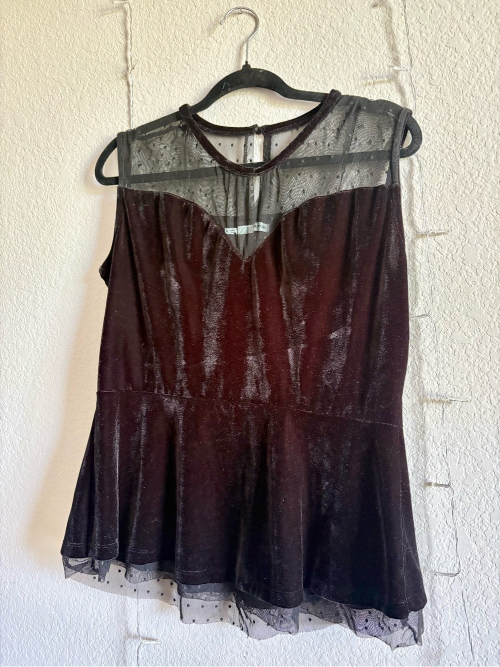 Velvet Peplum Tunic with Sheer Polka-Dot Yoke